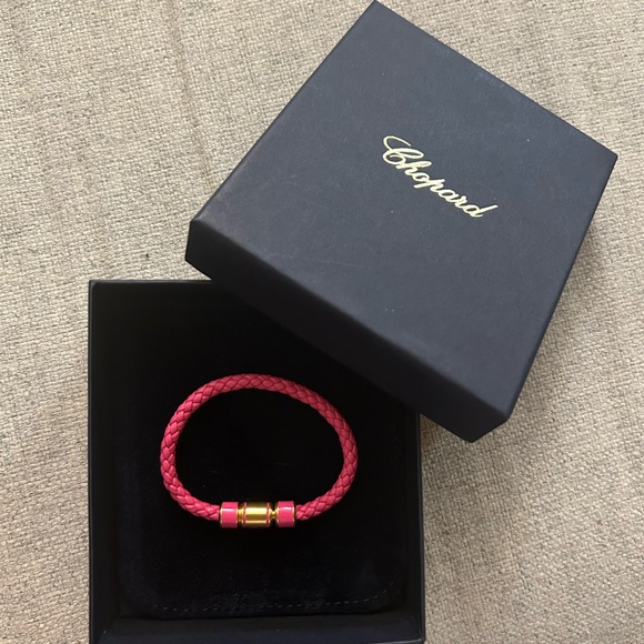 Chopard Signature Bracelet - Fuchsia Leather - Antique Gold Toned Metal